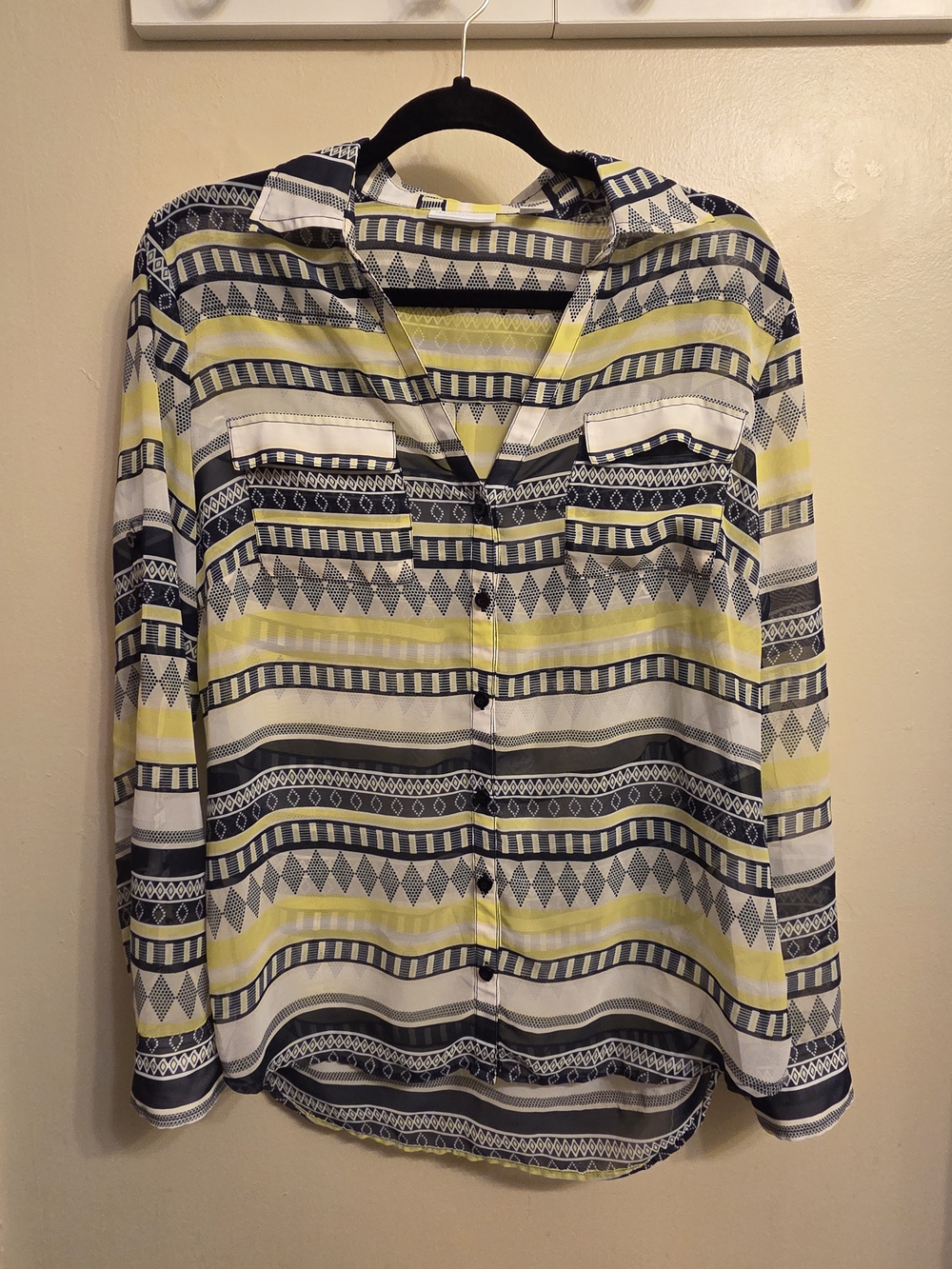 NY&Co Sheer Button Down Shirt L Geometric Striped Long Sleeve Roll Tab Blouse